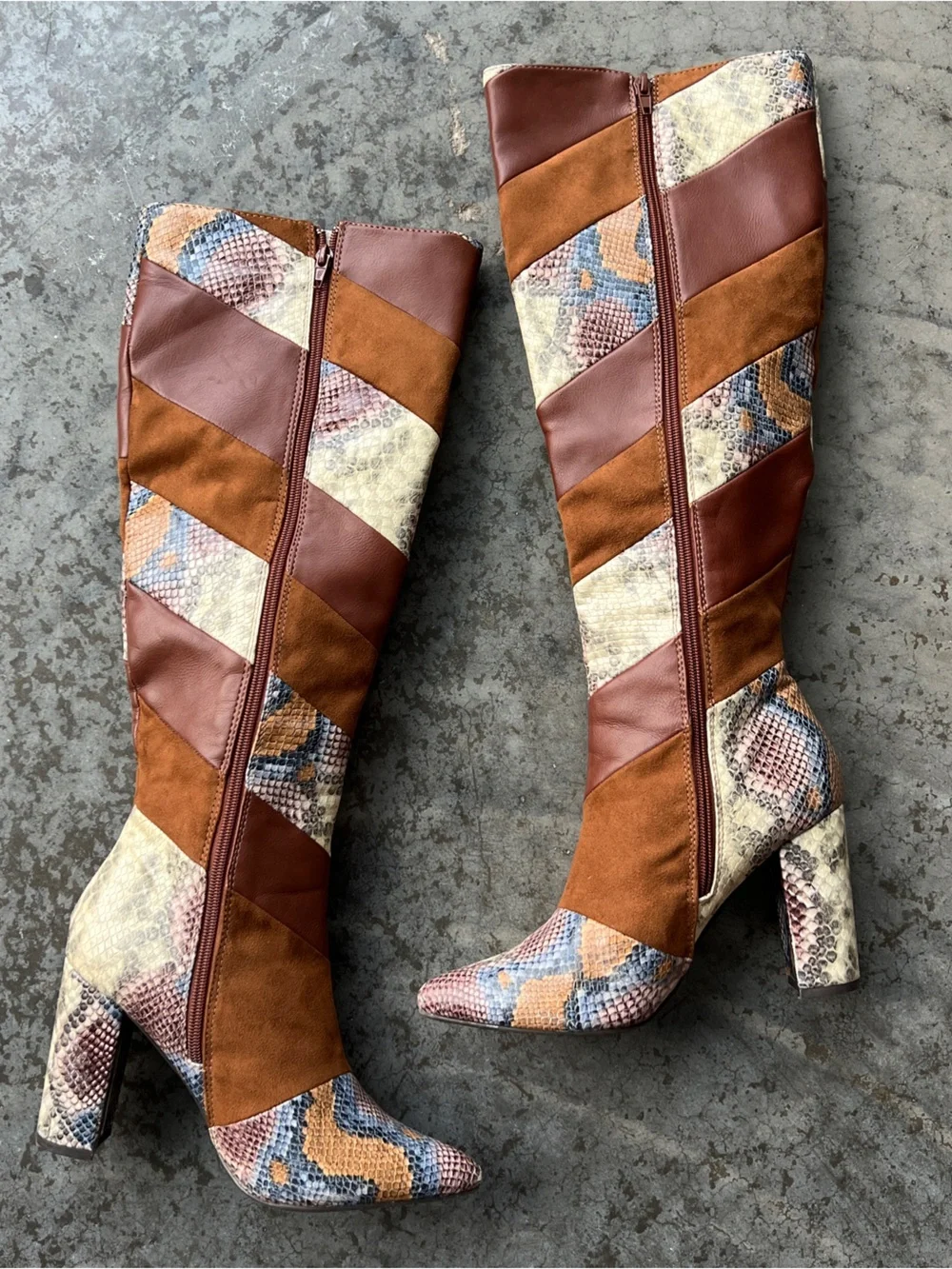 Knee High Patchwork Snake Print Brown Faux Leather Heeled Boots Women’s 7.5